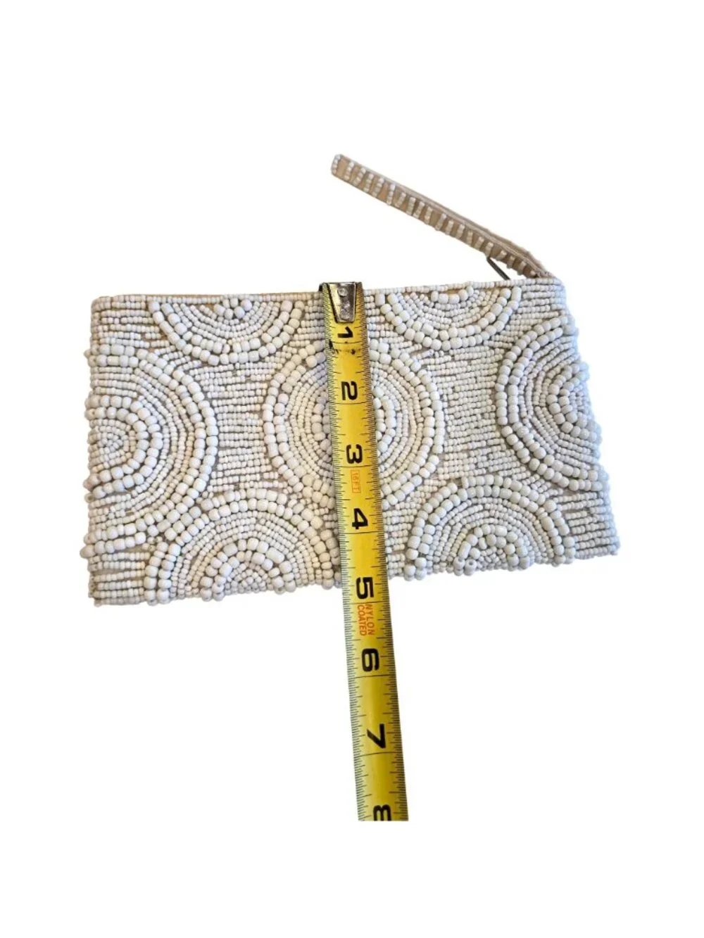 White Ivory Geometric Beaded Satin Lined Clutch Wristlet YKK Zipper